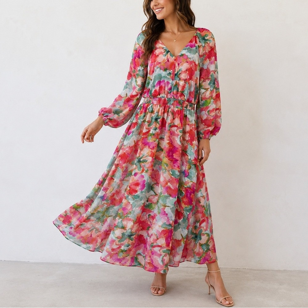 Soft Surroundings Evalina Maxi Dress SP Pink‎ Tropical Floral Vacation Vibrant